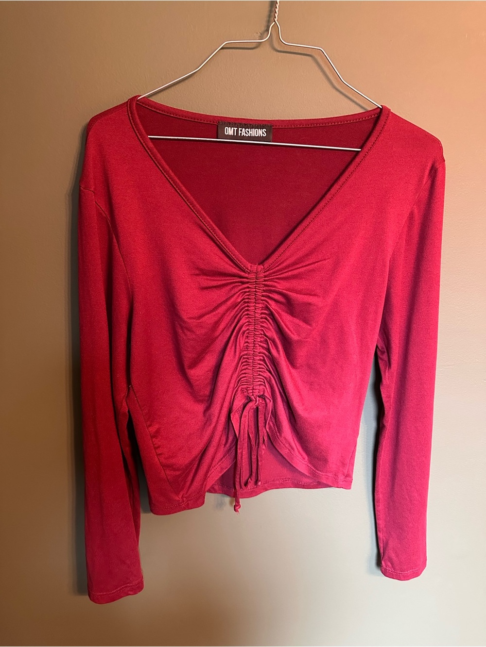 Red Ruched V-Neck Long Sleeve crop top
